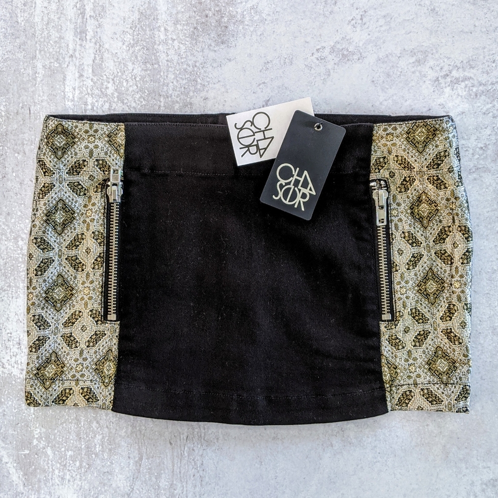 CHASER Metallic Jacquard Print & Black Denim Micro Mini Skirt, M NWT